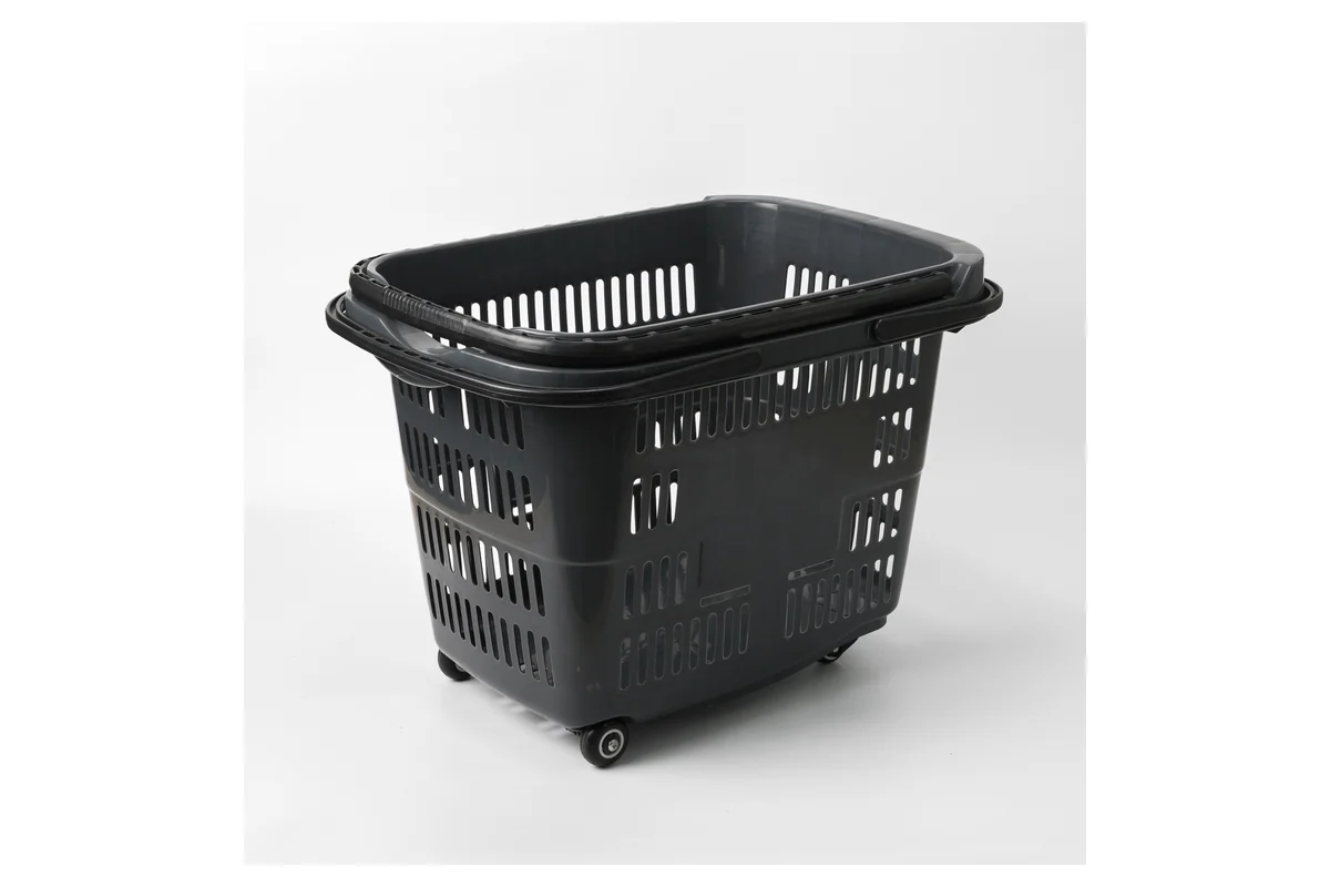 Standard black supermarket rolling shopping basket with wheels and a folding handle