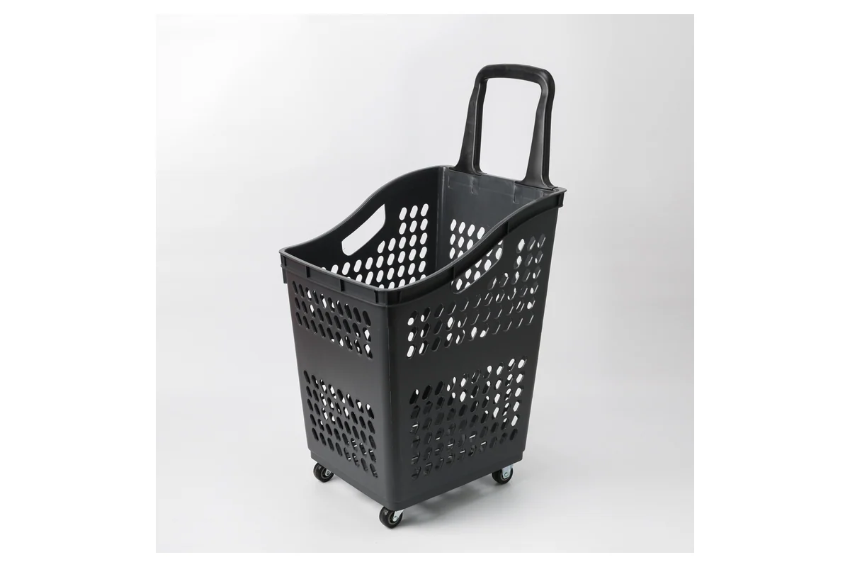 Black supermarket rolling shopping basket with a tall extended pull handle