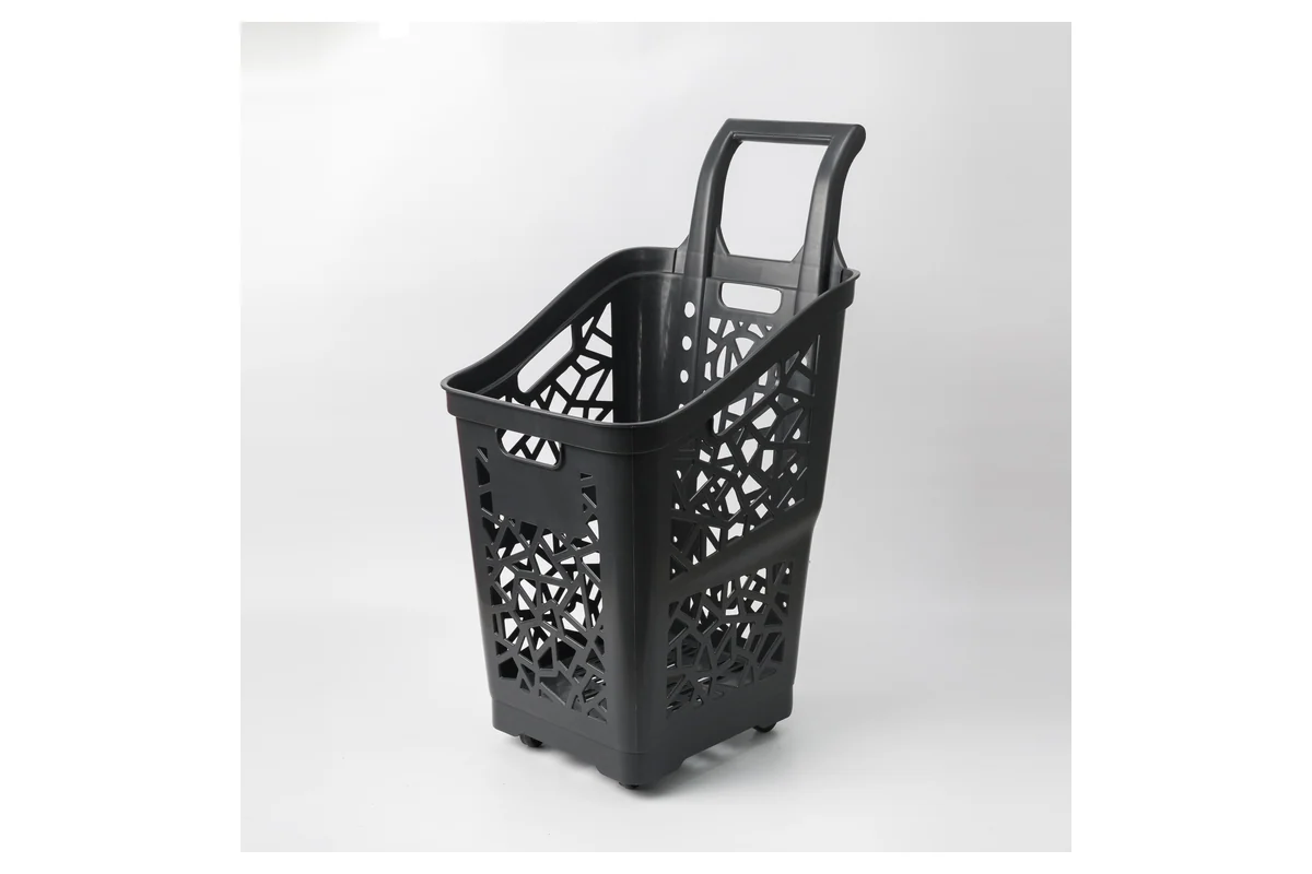 Black supermarket rolling shopping basket with a neutral grey pull handle