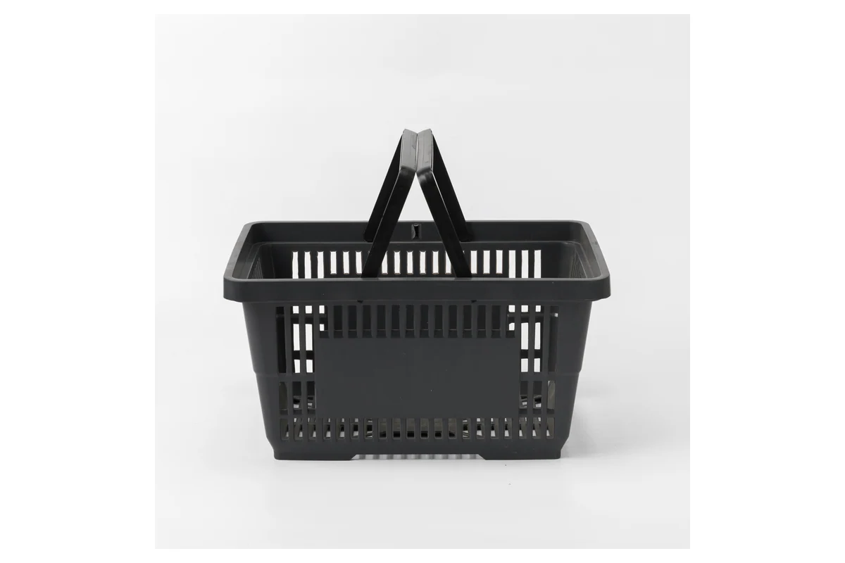 Standard black moulded supermarket hand basket with twin folding handles