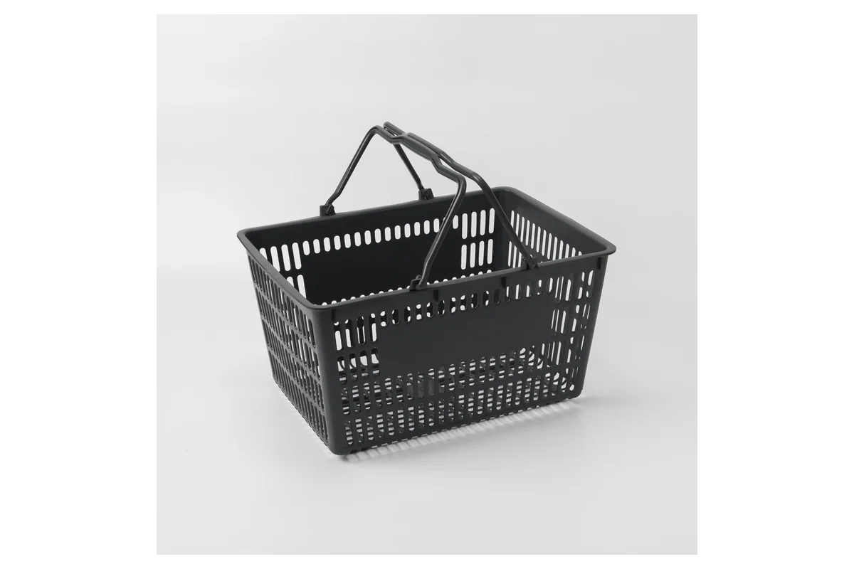 Deep black moulded supermarket hand basket with twin folding handles