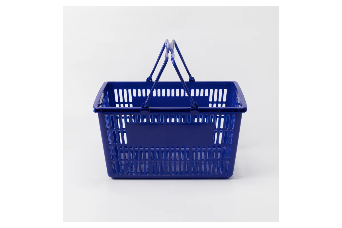 Blue moulded supermarket hand basket with twin folding handles