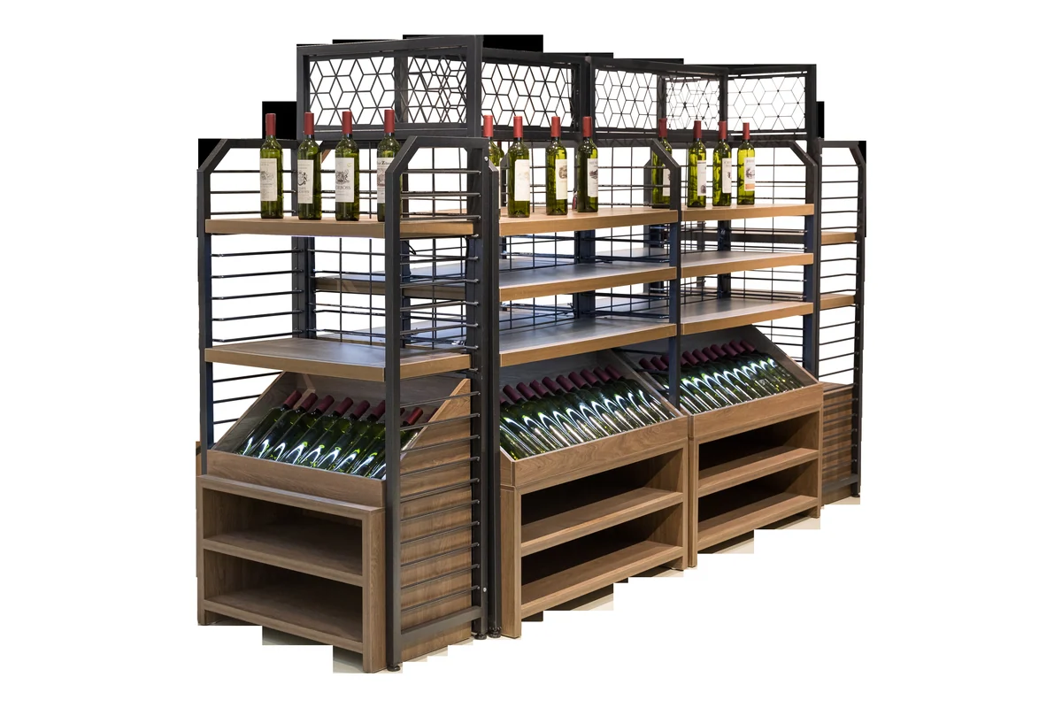 Black framed supermarket wine display gondola with timber bottle shelves and printed header panels