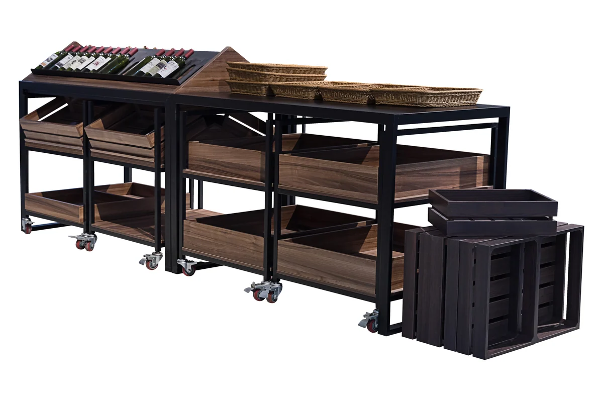 Black steel supermarket wine run with timber shelves and low mobile crate units on castors