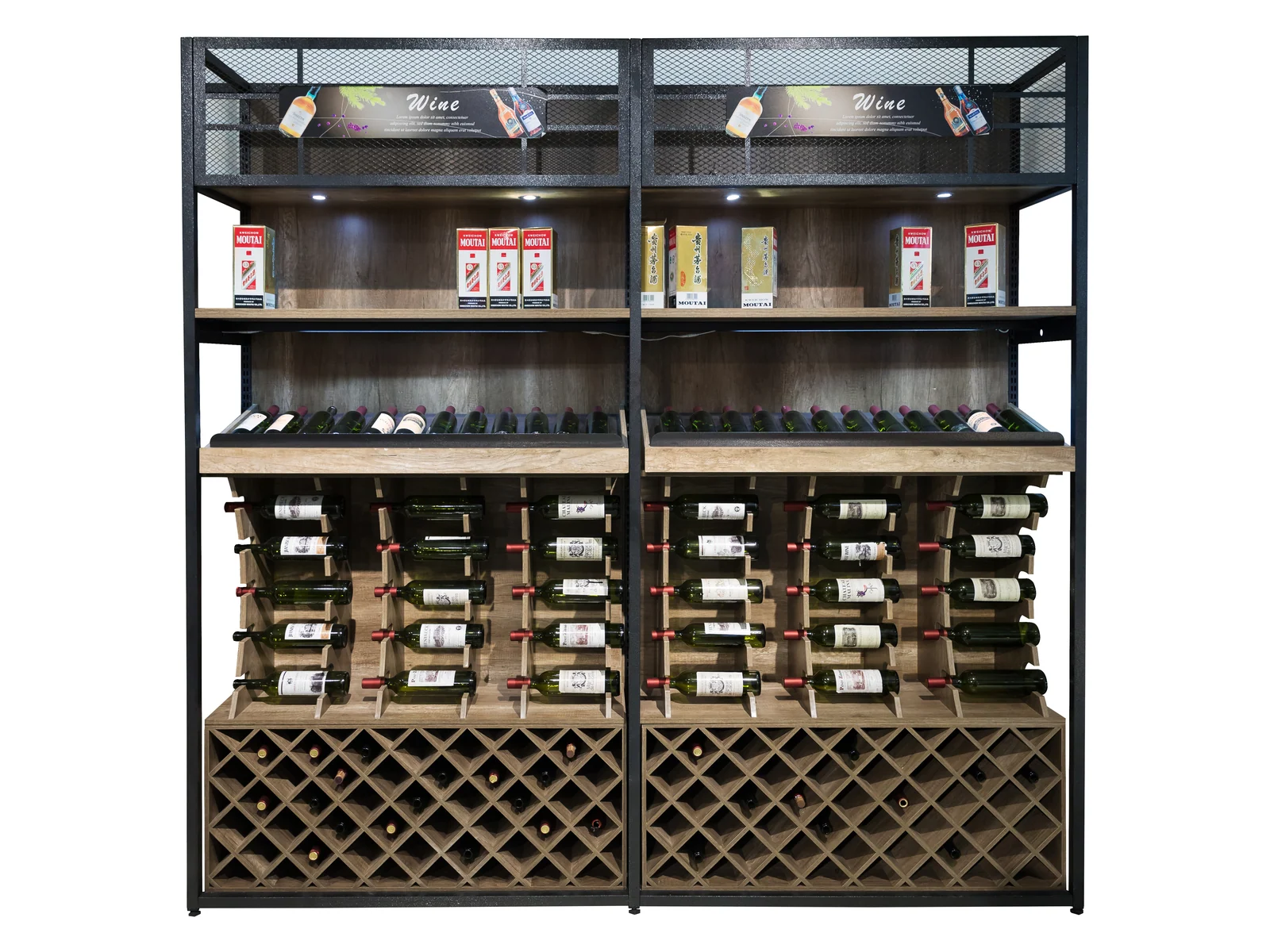Wine Wall with Diamond Lattice and Lit Shelves on a white studio background