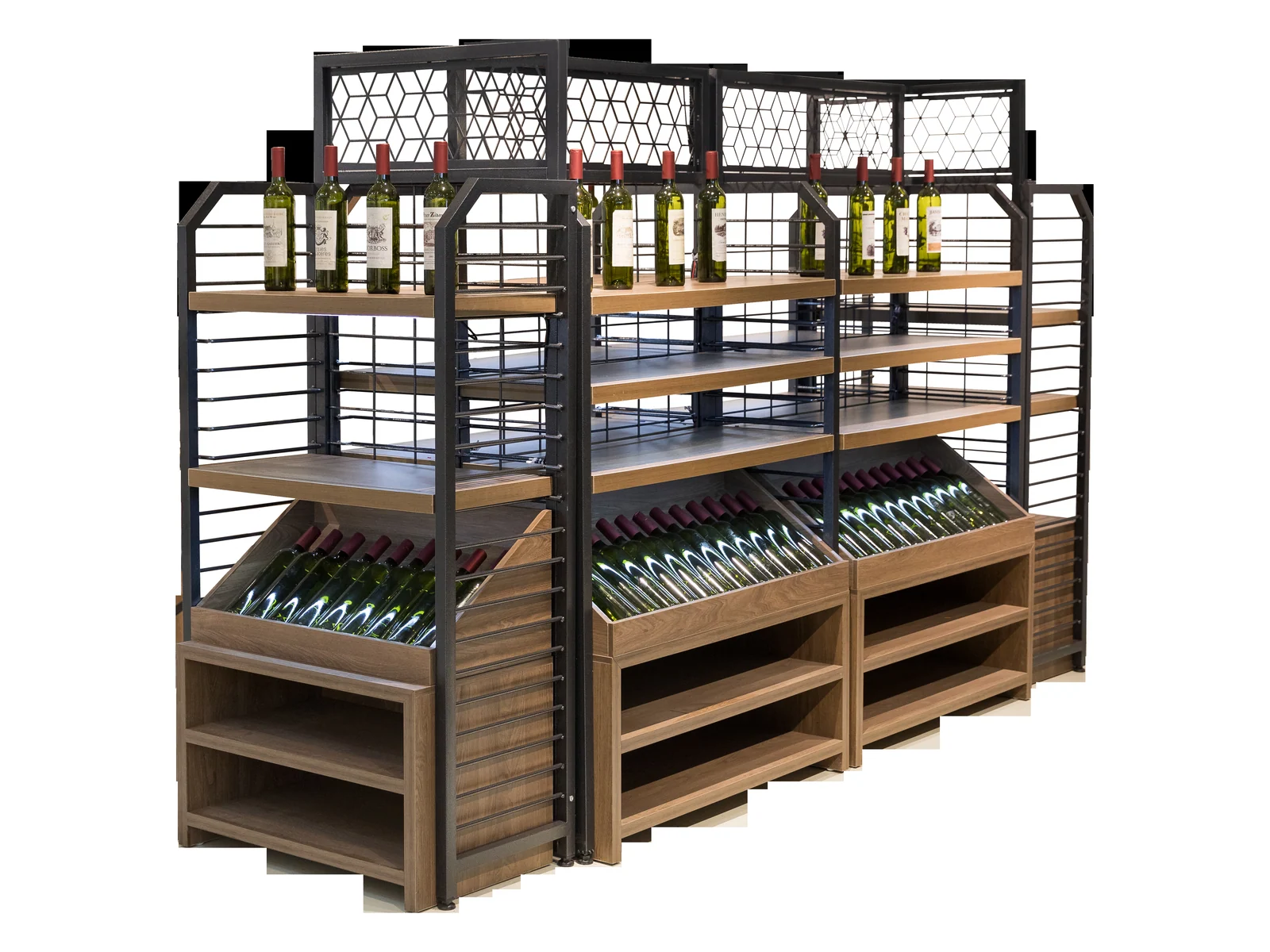 Wine Display with Angled Shelves and Fretwork on a white studio background