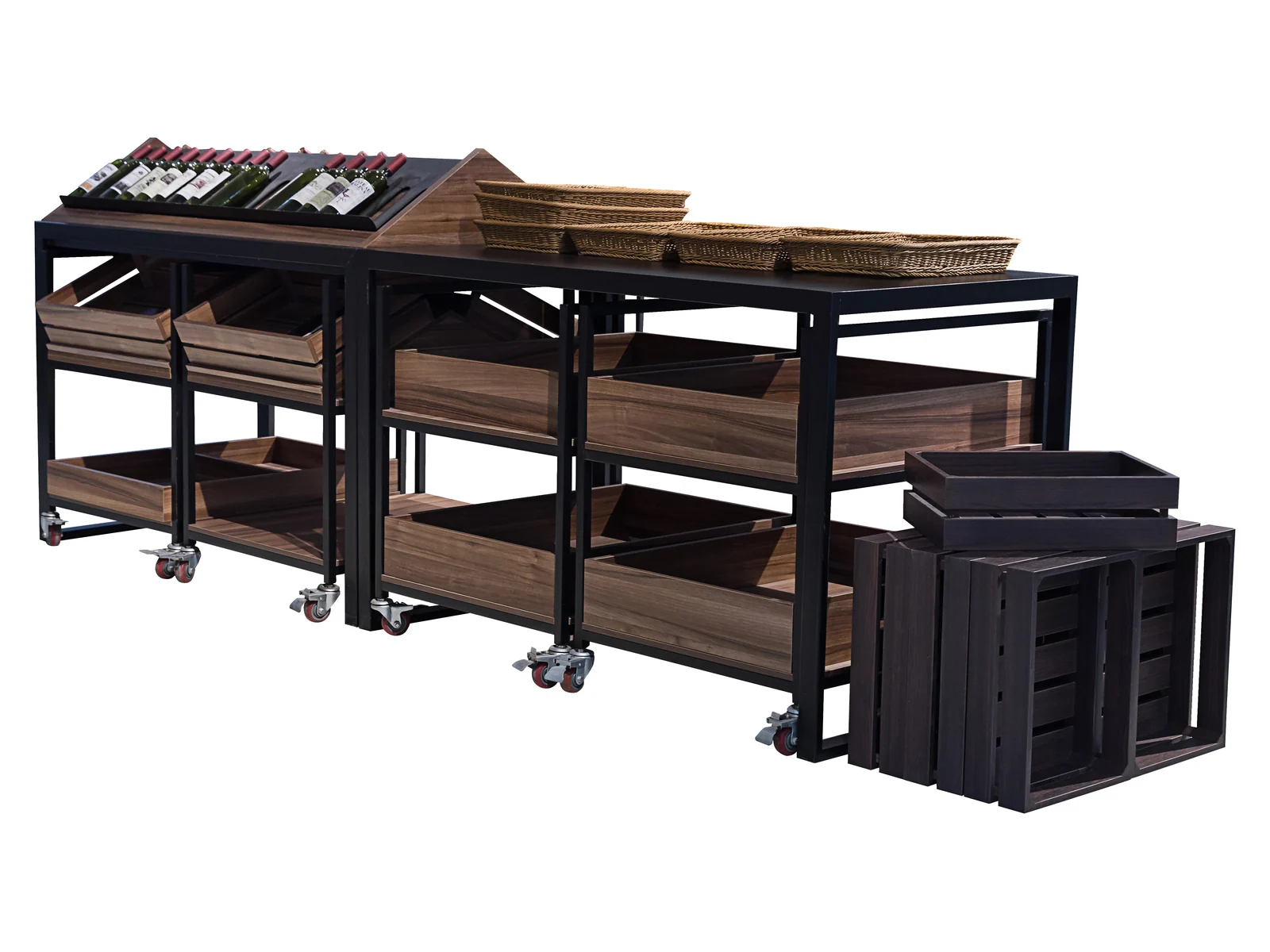 Mobile Tiered Wine Table on Castors photographed from the front on a white studio background