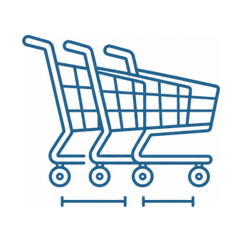 Line icon of three supermarket trolleys nested into one another with a bracket marking the nesting pitch