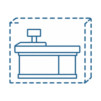Line icon of an assembled checkout counter inside a dashed crate outline