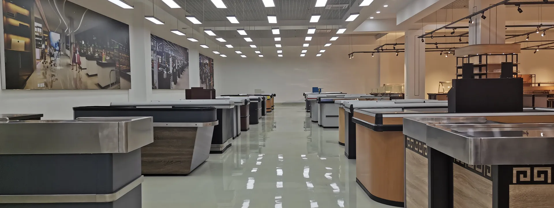 Rows of finished Keshun checkout counters staged in the Changshu plant before shipping