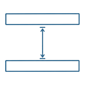 Plan view of two shelving runs with a dimension arrow measuring the aisle width between them