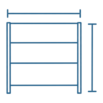Front elevation of one shelving bay with a bay length bracket above and a shelf height bracket at the side