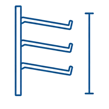 A bread rack in side view with three forward-tilting trays and an overall height dimension